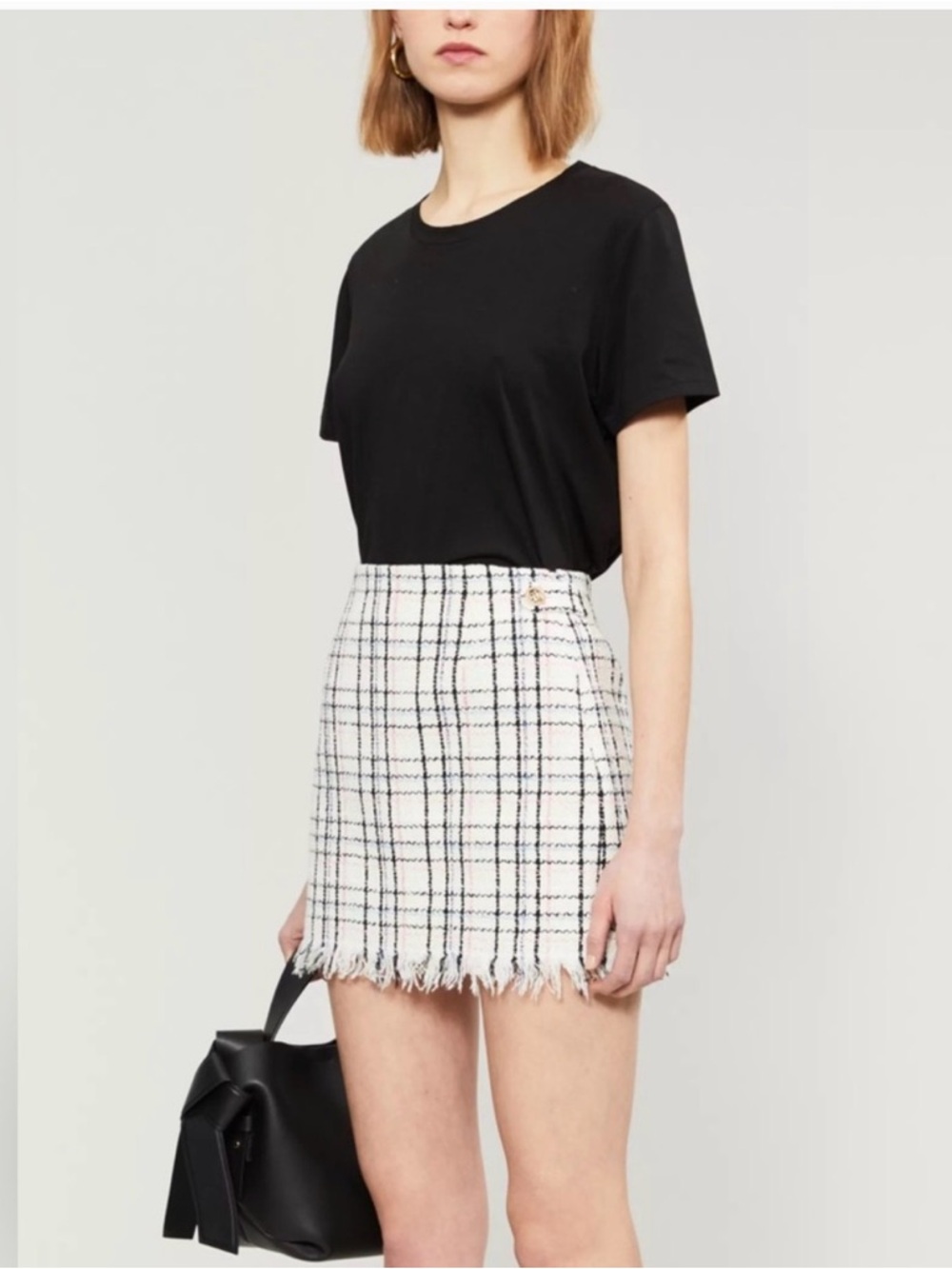 ❤️ NEW MAJE Jianey Plaid Tweed Fringe Mini Skirt - White/Black/Pink